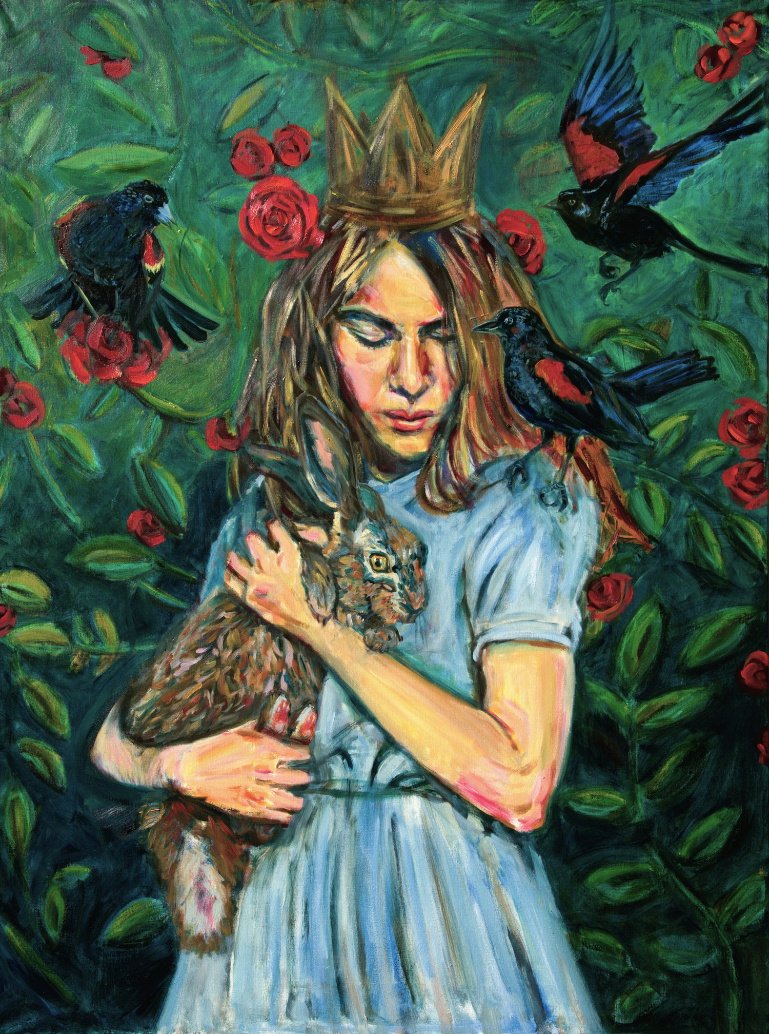 Artistic depiction of a woman with a crown, holding an rabbit, surrounded by birds and red flowers.
