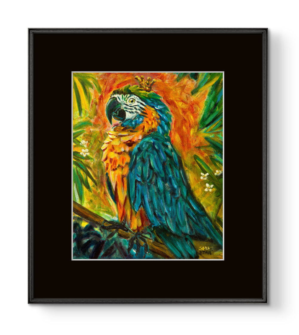 Framed matted art print featuring a colorful painted macaw perched against a tropical background, shown in a black frame with a black mat on a white background.