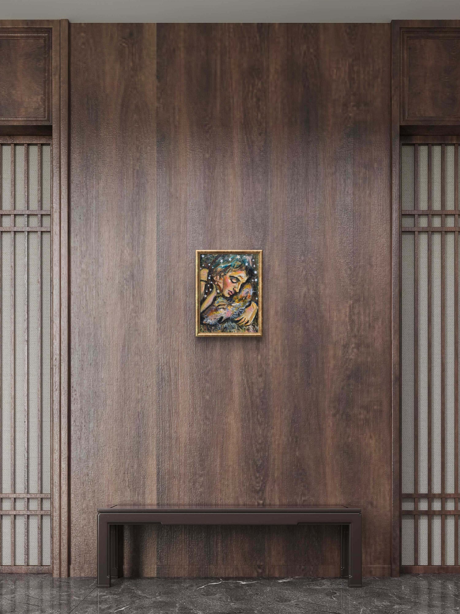 A small framed colorful portrait painting hangs on a dark wood-paneled wall above a matching dark wooden bench, with decorative slatted wood panels on both sides.
