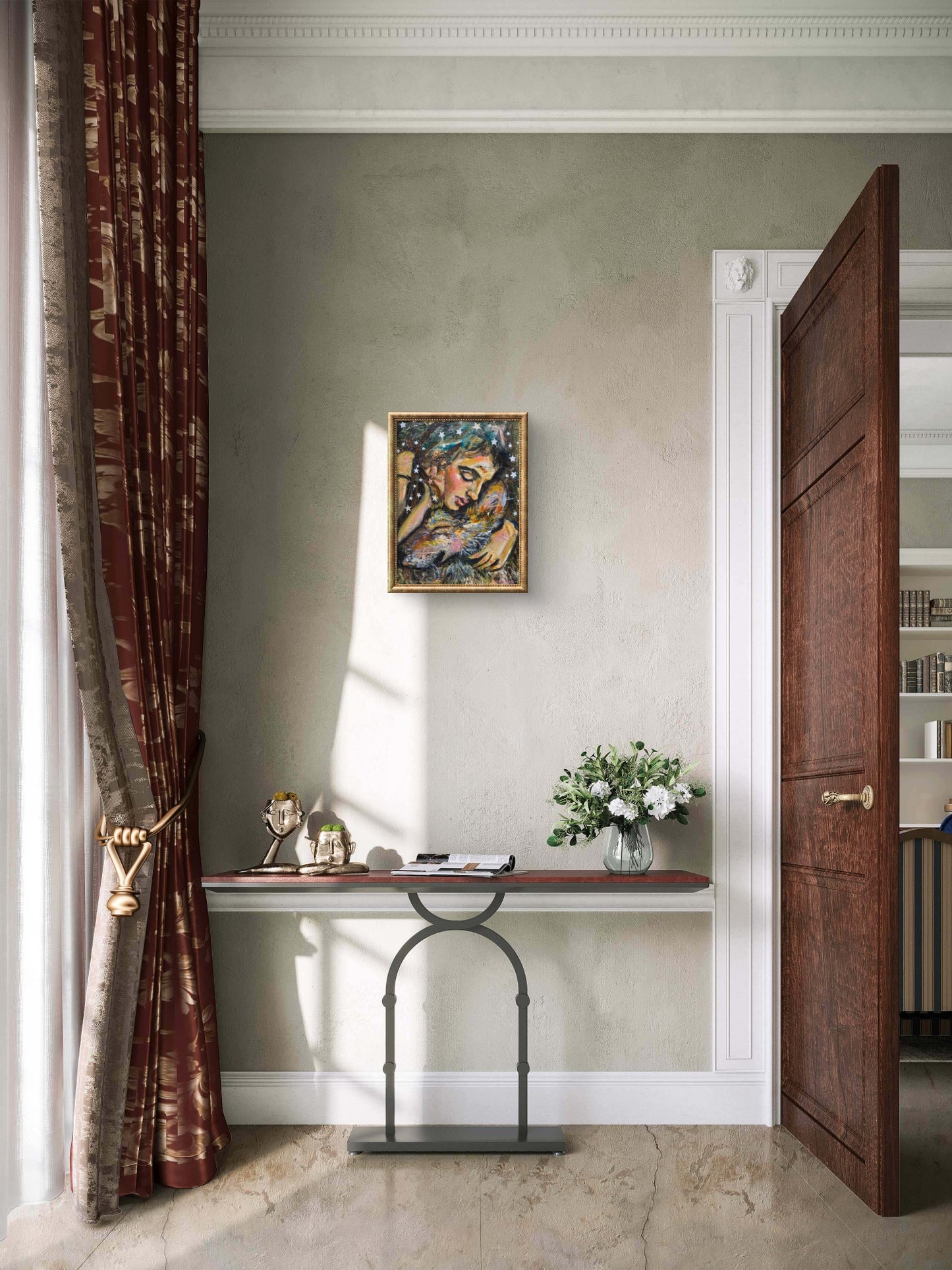 A framed art print featuring a colorful painting of a woman with a wolf, styled on a beige wall in a classic entryway with a console table, patterned curtains, and a wooden door.