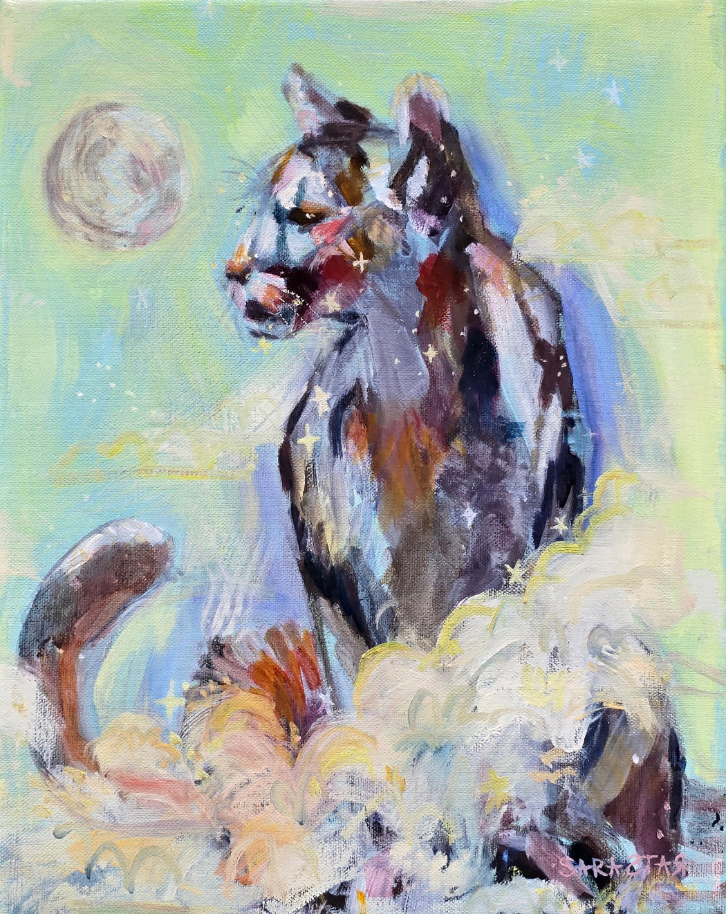 An expressive oil painting of a cat in profile, rendered with textured brushstrokes in shades of black, white, gray, brown, and soft pastel tones against a dreamy mint green and blue background with a moon and stars.