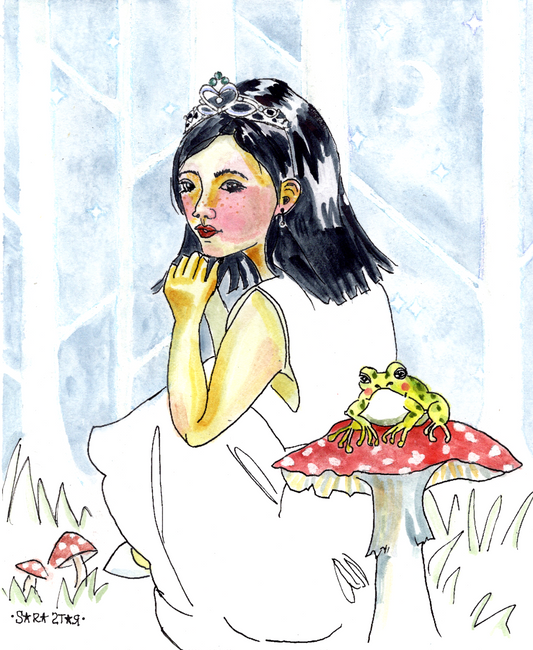Watercolorillustration of a young girl with dark hair and a tiara, seated beside a red mushroom with a green frog, in a pale blue forest-like setting.