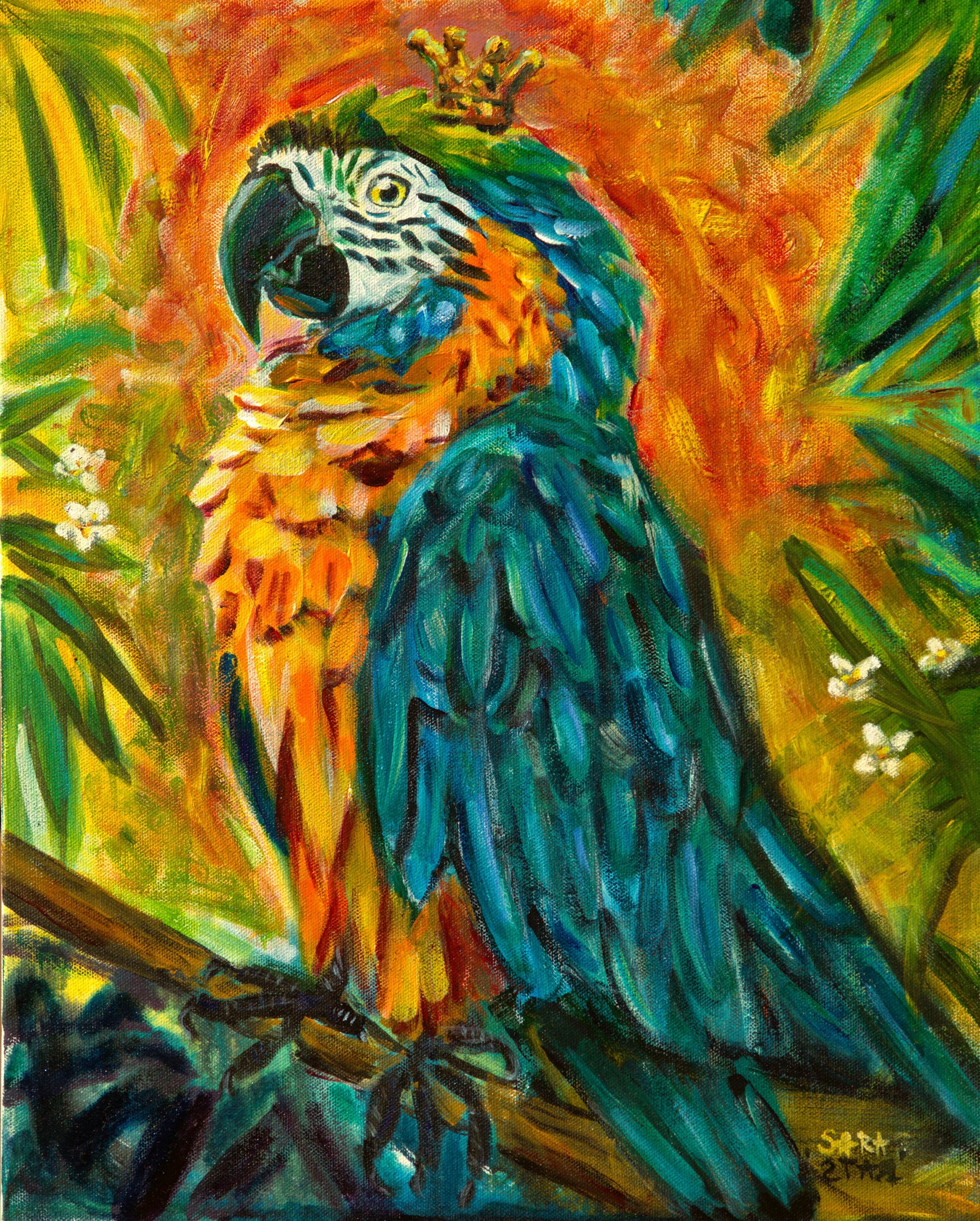 Colorful parrot painting with a crown on a branch surrounded by leaves and flowers