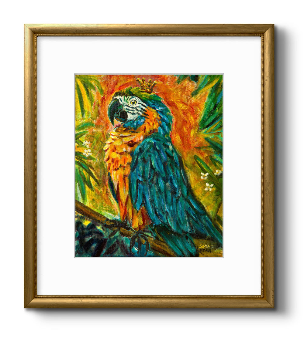 A framed colorful painting of a parrot perched against a tropical background, with a gold frame and white mat on a light gray background.